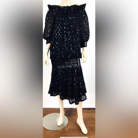 Vintage 1980s SEQUIN Slouchy Fit SEQUIN Drop Waist On/Off Shoulder Party… - Picture 3 of 9